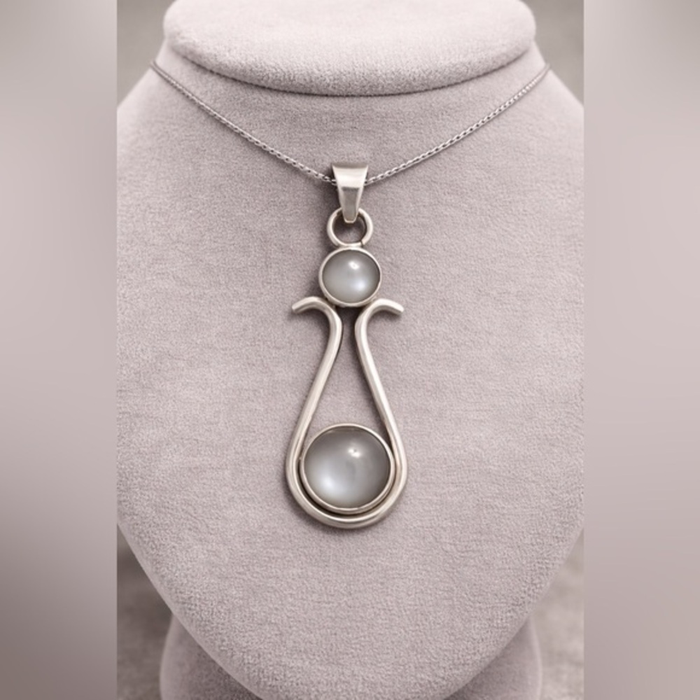 Vintage Natural Gemstone Gray Moonstone Sterling 925 Silver Pendant NWOT 2" #498